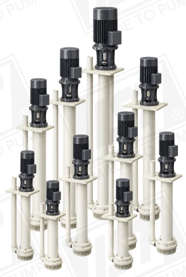 Vertikale Kreiselpumpen der IST V-Serie aus Polypropylen (PP) in verschiedenen Baugr&ouml;&szlig;en und Eintauchtiefen.