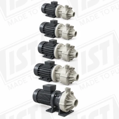 Produkt&uuml;bersicht horizontaler Kreiselpumpen der IST H-Serie in verschiedenen Baugr&ouml;&szlig;en mit elektrischem Antrieb und Pumpengeh&auml;usen aus PP oder PVDF